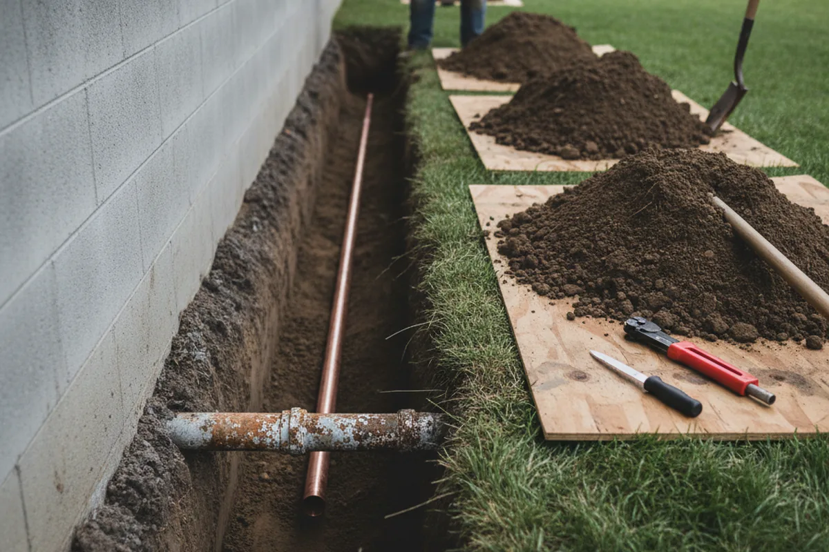 Excavated water line trench during Water Softener Installation in Thomson